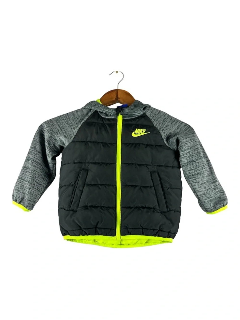 NIKE Toddler Swoosh Lightweight Hooded Puffer Jacket Sz 2T Grey Neon Green